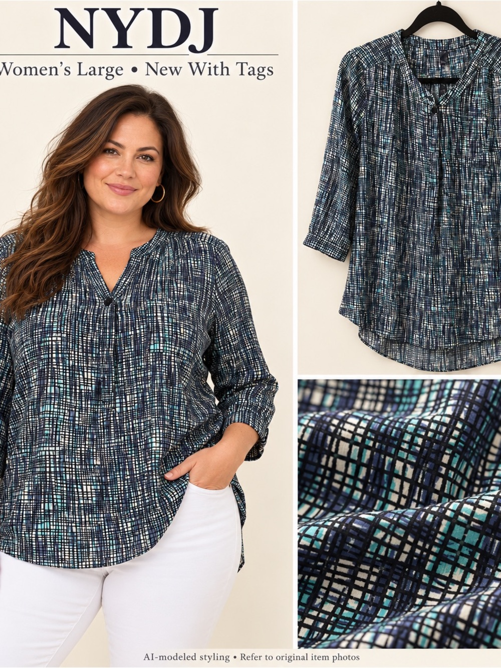 NYDJ Grid-Pattern Long Sleeve Blouse in Teal, Black and White (LAST ONE)